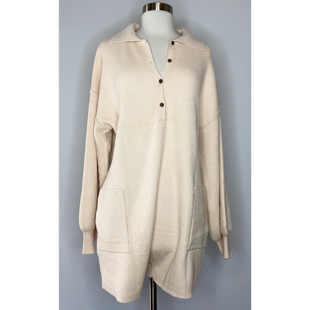Illusory Romper Women XL Beige Ribbed Knit NWT Long Sleeve Viscose Blend Collar